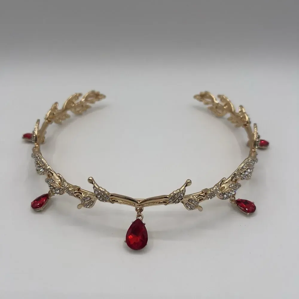 Gold Elf Fairy Tiara‎ Crown with Red Gem & 2 Pairs Elf Ears Cosplay Halloween